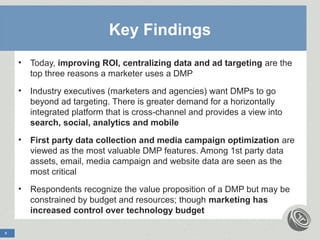 Key Findings
    •   Today, improving ROI, centralizing data and ad targeting are the
        top three reasons a marketer uses a DMP
    •   Industry executives (marketers and agencies) want DMPs to go
        beyond ad targeting. There is greater demand for a horizontally
        integrated platform that is cross-channel and provides a view into
        search, social, analytics and mobile
    •   First party data collection and media campaign optimization are
        viewed as the most valuable DMP features. Among 1st party data
        assets, email, media campaign and website data are seen as the
        most critical
    •   Respondents recognize the value proposition of a DMP but may be
        constrained by budget and resources; though marketing has
        increased control over technology budget

4
 