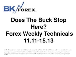 Does The Buck Stop
Here?
Forex Weekly Technicals
11.11-15.13
Trading foreign exchange on margin carries a high level of risk, and may not be suitable for all investors. The high degree of leverage can work against you as
well as for you. Before deciding to trade foreign exchange you should carefully consider your investment objectives, level of experience, and risk appetite. The
possibility exists that you could sustain a loss of some or all of your initial investment and therefore you should not invest money that you cannot afford to
lose. You should be aware of all the risks associated with foreign exchange trading, and seek advice from an independent financial advisor if you have any
doubts.

 