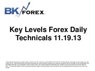 Key Levels Forex Daily
Technicals 11.19.13

Trading foreign exchange on margin carries a high level of risk, and may not be suitable for all investors. The high degree of leverage can work against you as
well as for you. Before deciding to trade foreign exchange you should carefully consider your investment objectives, level of experience, and risk appetite. The
possibility exists that you could sustain a loss of some or all of your initial investment and therefore you should not invest money that you cannot afford to
lose. You should be aware of all the risks associated with foreign exchange trading, and seek advice from an independent financial advisor if you have any
doubts.

 