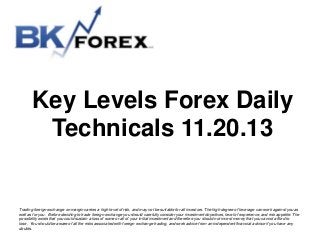 Key Levels Forex Daily
Technicals 11.20.13

Trading foreign exchange on margin carries a high level of risk, and may not be suitable for all investors. The high degree of leverage can work against you as
well as for you. Before deciding to trade foreign exchange you should carefully consider your investment objectives, level of experience, and risk appetite. The
possibility exists that you could sustain a loss of some or all of your initial investment and therefore you should not invest money that you cannot afford to
lose. You should be aware of all the risks associated with foreign exchange trading, and seek advice from an independent financial advisor if you have any
doubts.

 