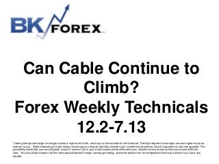 Can Cable Continue to
Climb?
Forex Weekly Technicals
12.2-7.13
Trading foreign exchange on margin carries a high level of risk, and may not be suitable for all investors. The high degree of leverage can work against you as
well as for you. Before deciding to trade foreign exchange you should carefully consider your investment objectives, level of experience, and risk appetite. The
possibility exists that you could sustain a loss of some or all of your initial investment and therefore you should not invest money that you cannot afford to
lose. You should be aware of all the risks associated with foreign exchange trading, and seek advice from an independent financial advisor if you have any
doubts.

 