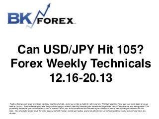 Can USD/JPY Hit 105?
Forex Weekly Technicals
12.16-20.13
Trading foreign exchange on margin carries a high level of risk, and may not be suitable for all investors. The high degree of leverage can work against you as
well as for you. Before deciding to trade foreign exchange you should carefully consider your investment objectives, level of experience, and risk appetite. The
possibility exists that you could sustain a loss of some or all of your initial investment and therefore you should not invest money that you cannot afford to
lose. You should be aware of all the risks associated with foreign exchange trading, and seek advice from an independent financial advisor if you have any
doubts.

 