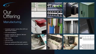 Our
Offering
Manufacturing
• Complete operator central oﬃce ODF and
interconnect systems
• FTTx and broadband
• Outdoor cabinets for Telecom, Rail and
Utilities. Loaded to spec
• Data Centre
• LAN and WAN
• Structural cabling and ﬁbre optic systems
• Power distribution and automation systems
 