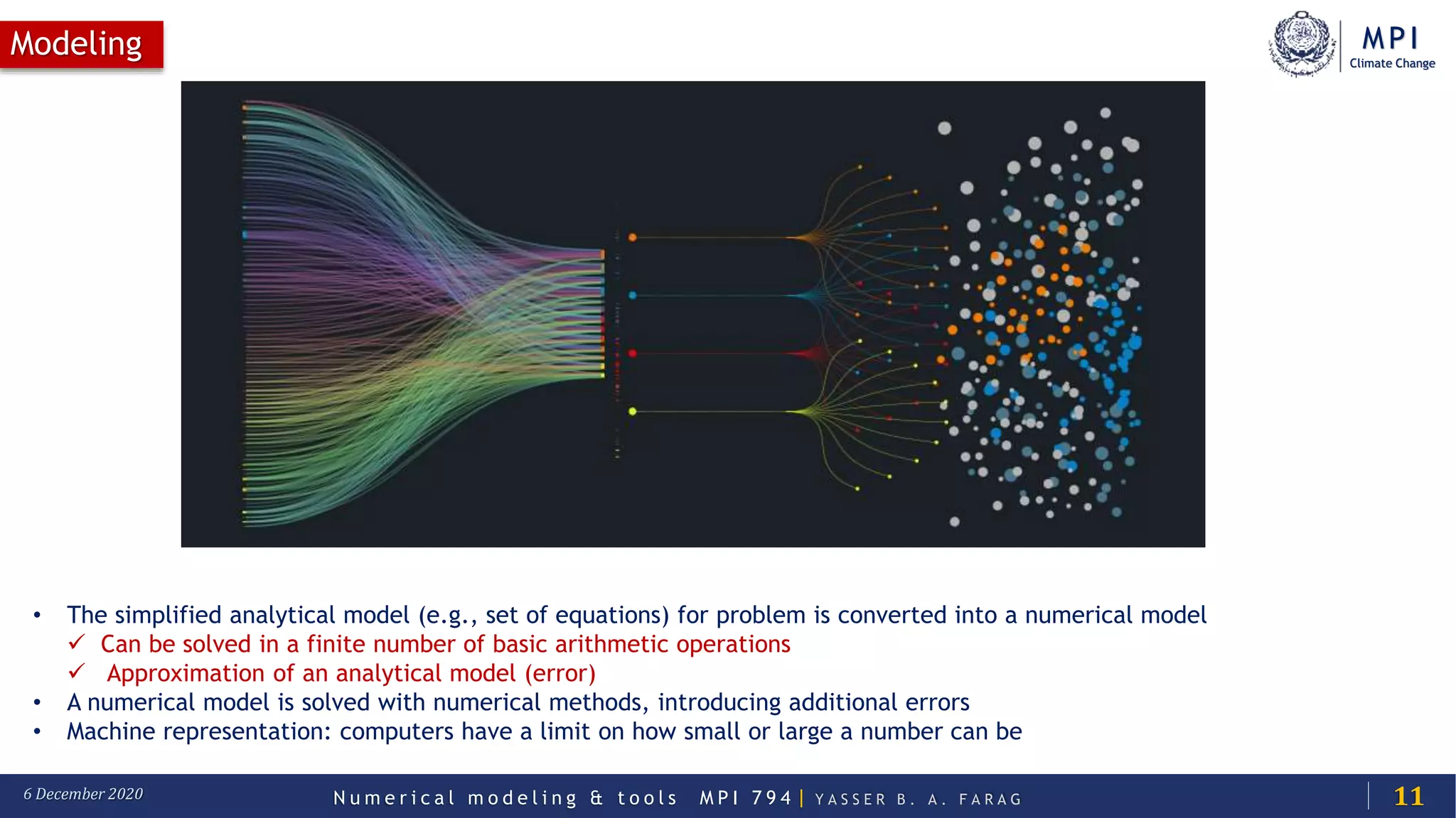 MPI
Climate Change
N u m e r i c a l m o d e l i n g & t o o l s M P I 7 9 4 | Y A S S E R B . A . F A R A G6 December 2020
Modeling
11
• The simplified analytical model (e.g., set of equations) for problem is converted into a numerical model
 Can be solved in a finite number of basic arithmetic operations
 Approximation of an analytical model (error)
• A numerical model is solved with numerical methods, introducing additional errors
• Machine representation: computers have a limit on how small or large a number can be
 