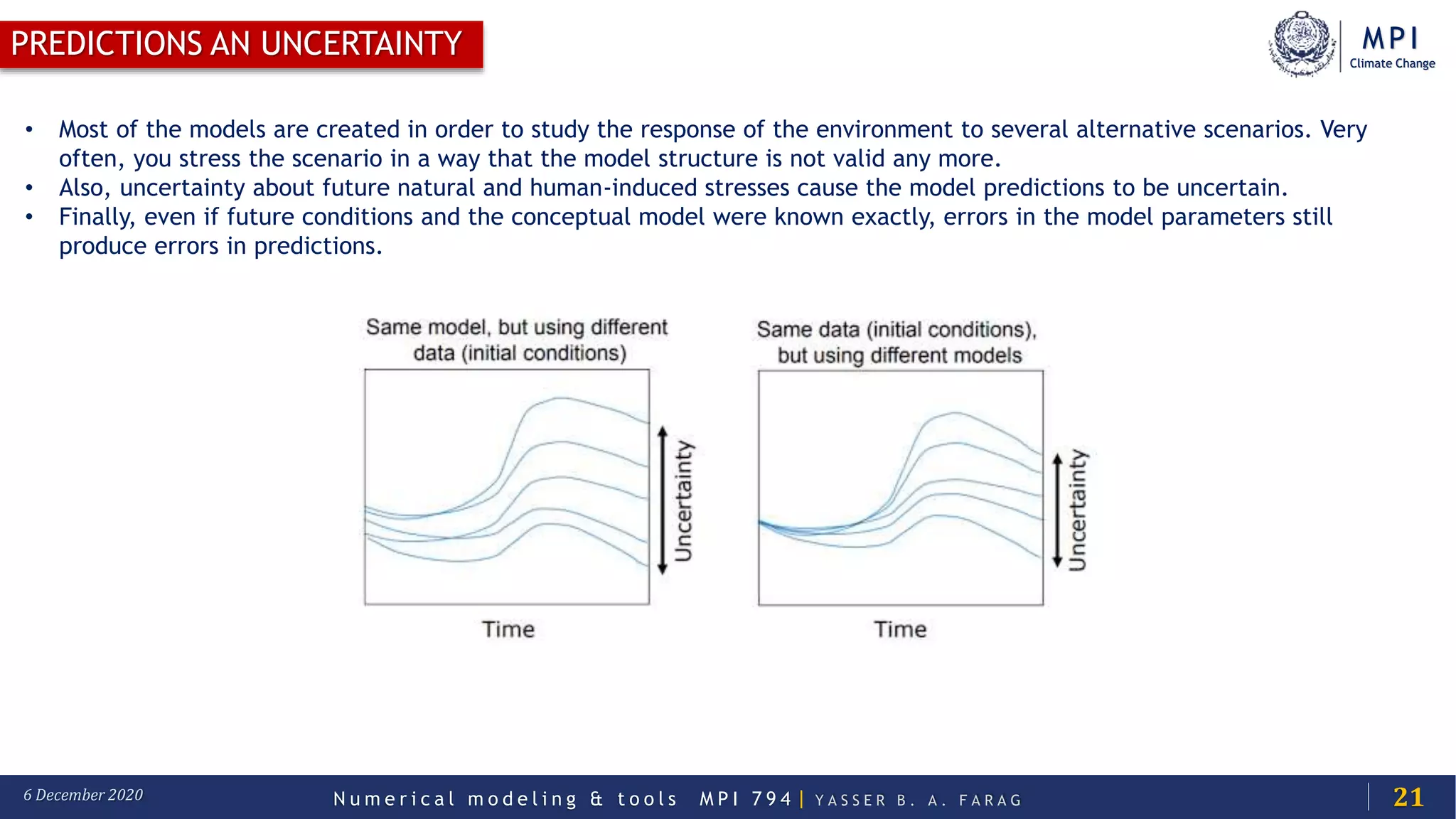 MPI
Climate Change
N u m e r i c a l m o d e l i n g & t o o l s M P I 7 9 4 | Y A S S E R B . A . F A R A G6 December 2020
PREDICTIONS AN UNCERTAINTY
21
• Most of the models are created in order to study the response of the environment to several alternative scenarios. Very
often, you stress the scenario in a way that the model structure is not valid any more.
• Also, uncertainty about future natural and human-induced stresses cause the model predictions to be uncertain.
• Finally, even if future conditions and the conceptual model were known exactly, errors in the model parameters still
produce errors in predictions.
 