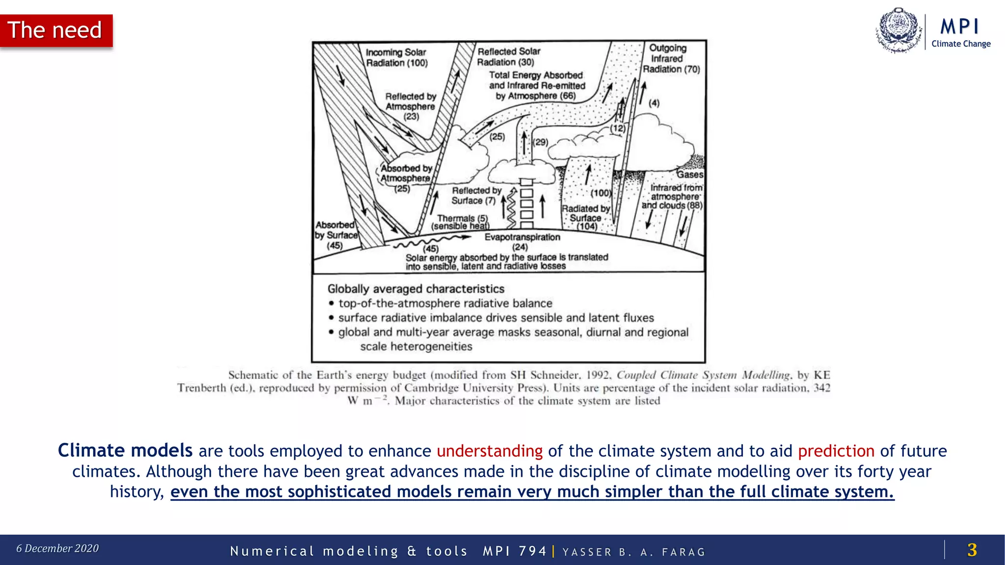 MPI
Climate Change
N u m e r i c a l m o d e l i n g & t o o l s M P I 7 9 4 | Y A S S E R B . A . F A R A G6 December 2020
The need
3
Climate models are tools employed to enhance understanding of the climate system and to aid prediction of future
climates. Although there have been great advances made in the discipline of climate modelling over its forty year
history, even the most sophisticated models remain very much simpler than the full climate system.
 