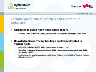 Formal Specification of the Task Demand in APOSDLE Competence based Knowledge Space Theory Korossy, 1997; Düntsch & Gediga, 1994; based on Doignon & Falmagne, 1985, 1999   Knowledge Space Theory has been applied and tested in various fields : ALEKS (ALEKS Corp, 2003), RATH (Hockemeyer & Albert, 1999)  Workflow Processes (Stefanutti & Albert, 2002 ), Knowledge Management (Ley, 2006;  Ley & Albert, 2003) Implications for teacher education and training (Albert, 2006), Skills of Medical Trainees (Albert et al., 2007) 20 October 2009   /  