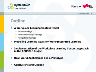 Outline A Workplace Learning Context Model Process Package Domain Knowledge Package Competency Package Modelling Learning Goals for Work-Integrated Learning Implementation of the Workplace Learning Context Approach in the APOSDLE Project Real-World Applications and a Prototype Conclusions and Outlook 20 October 2009   /  