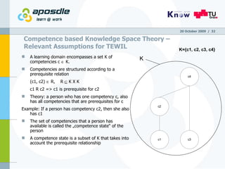Competence based Knowledge Space Theory –  Relevant Assumptions for TEWIL A learning domain encompasses a set K of competencies c    K.  Competencies are structured according to a prerequisite relation (c1, c2)    R,  R   K X K c1 R c2 => c1 is prerequisite for c2 Theory: a person who has one competency c, also has all competencies that are prerequisites for c Example: If a person has competency c2, then she also has c1 The set of competencies that a person has available is called the „competence state“ of the person A competence state is a subset of K that takes into account the prerequisite relationship 20 October 2009   /  K K={c1, c2, c3, c4} 