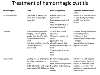 Treatment of hemorrhagic cystitis
Antiviral agent Dose Clinical experience Proposed mechanisms of
action
Fluoroquinolones Ciprofloxacin 500 mg p.o.
twice daily or 200 mg i.v.
twice daily
BMT recipients had
significantly
lower peak urinary viral
loads,
likely more effective as
prophylactic agent
Inhibition of helicase activity
of large T antigen; modest
anti-BK virus activity
in vitro
Cidofovir Standard dosing regimen:
5 mg/kg i.v. weekly for 2
weeks, then 5 mg/kg with
probenecid every other
week
Low-dose cidofovir: 1 mg/kg
i.v. weekly without
probenecid
≥2: 80% with clinical
response;
32% with resolution of
viruria
(qualitative PCR)
clinical response 84%;
virologic response 47% (at
least
1 log decrease in urinary
viral
load)
Cytosine analog that inhibits
viral DNA synthesis
Inhibition of DNA
polymerase activity of large
T antigen
Modest effect on BK virus
replicationin vitro
Leflunomide Loading dose of 100 mg/day
for 5 days; maintenance
dose
of 20–60 mg/day with target
blood level of 50–100 µg/ml
No hemorrhagic cystitis;
treatment
of BK nephropathy in renal
transplant and refractory
CMV
in BMT
Interference with tyrosine
kinase phosphorylation of
cellular or virally encoded
proteins needed for viral
replication; modest antiviral
effect in vitro
 