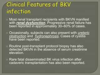   Most renal transplant recipients with BKVN manifest
    with renal dysfunction. Progressive renal failure has
    been reported in approximately 30–60% of cases.
   Occasionally, subjects can also present with ureteric
    obstruction and hydronephrosis. Cases of cystitis
    have been reported.
   Routine post-transplant protocol biopsy has also
    detected BKVN in the absence of serum creatinine
    elevation.
   Rare fatal disseminated BK virus infection after
    cadaveric transplantation has also been reported.
 