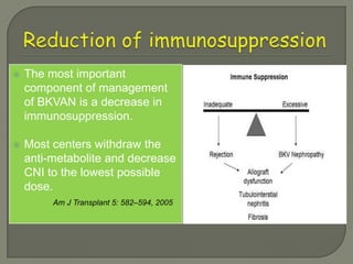    The most important
    component of management
    of BKVAN is a decrease in
    immunosuppression.

   Most centers withdraw the
    anti-metabolite and decrease
    CNI to the lowest possible
    dose.
         Am J Transplant 5: 582–594, 2005
 