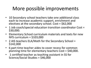 More possible improvements
• 10 Secondary school teachers take one additional class
each to increase academic support, enrichment and
electives at the secondary school. Cost = $62,000
• 1 Job coach/special education transition coordinator Cost =
$30,000.
• Elementary School curriculum materials and texts for new
NYS curriculum = $103,000
• 2 AIS teachers ELA/Math for the Secondary School =
$142,000
• 6 part time teacher aides to cover recess for common
planning time for elementary teachers Cost = $40,000.
• 1 certified teacher as teaching assistant in SS for
Science/Social Studies = $46,000

 