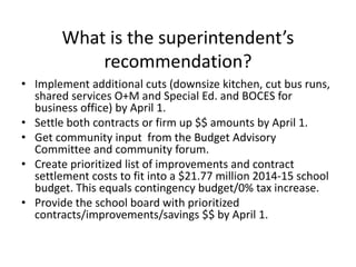 What is the superintendent’s
recommendation?
• Implement additional cuts (downsize kitchen, cut bus runs,
shared services O+M and Special Ed. and BOCES for
business office) by April 1.
• Settle both contracts or firm up $$ amounts by April 1.
• Get community input from the Budget Advisory
Committee and community forum.
• Create prioritized list of improvements and contract
settlement costs to fit into a $21.77 million 2014-15 school
budget. This equals contingency budget/0% tax increase.
• Provide the school board with prioritized
contracts/improvements/savings $$ by April 1.

 