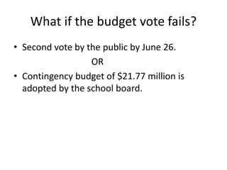 What if the budget vote fails?
• Second vote by the public by June 26.
OR
• Contingency budget of $21.77 million is
adopted by the school board.

 