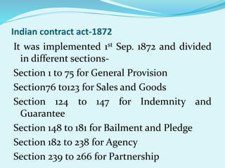 Indian contract act-1872
It was implemented 1st Sep. 1872 and divided
in different sections-
Section 1 to 75 for General Provision
Section76 to123 for Sales and Goods
Section 124 to 147 for Indemnity and
Guarantee
Section 148 to 181 for Bailment and Pledge
Section 182 to 238 for Agency
Section 239 to 266 for Partnership
 