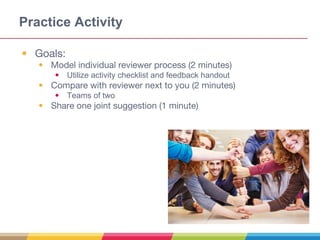 Practice Activity
• Goals:
• Model individual reviewer process (2 minutes)
• Utilize activity checklist and feedback handout
• Compare with reviewer next to you (2 minutes)
• Teams of two
• Share one joint suggestion (1 minute)
 