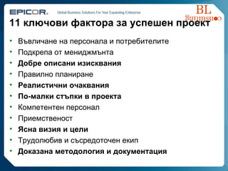 11  ключови фактора за успешен проект Въвличане на персонала и потребителите Подкрепа от мениджмънта Добре описани изисквания Правилно планиране Реалистични очаквания По-малки стъпки в проекта Компетентен персонал Приемственост Ясна визия и цели Трудолюбив и съсредоточен екип Доказана методология и документация 