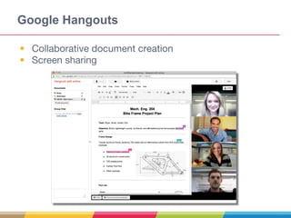 Google Hangouts
• Collaborative document creation
• Screen sharing
 