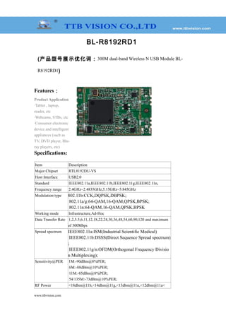 BL-R8192RD1
(产品型号展示优化词：300M dual-band Wireless N USB Module BL-
R8192RD1)
Features：
Product Application
·Tablet , laptop,
reader, etc
·Webcams, STBs, etc
·Consumer electronic
device and intelligent
appliances (such as
TV, DVD player, Blu-
ray players, etc)
Specifications:
Item Description
Major Chipset RTL8192DU-VS
Host Interface USB2.0
Standard IEEE802.11a,IEEE802.11b,IEEE802.11g,IEEE802.11n,
Frequency range 2.4GHz~2.4835GHz,5.15GHz~5.845GHz
Modulation type 802.11b:CCK,DQPSK,DBPSK;
802.11a/g:64-QAM,16-QAM,QPSK,BPSK;
802.11n:64-QAM,16-QAM,QPSK,BPSK
Working mode Infrastructure,Ad-Hoc
Data Transfer Rate 1,2,5.5,6,11,12,18,22,24,30,36,48,54,60,90,120 and maximum
of 300Mbps
Spread spectrum IEEE802.11a:ISM(Industrial Scientific Medical)
IEEE802.11b:DSSS(Direct Sequence Spread spectrum)
;
IEEE802.11g/n:OFDM(Orthogonal Frequency Divisio
n Multiplexing);
Sensitivity@PER 1M:-90dBm@8%PER;
6M:-88dBm@10%PER;
11M:-85dBm@8%PER;
54/135M:-73dBm@10%PER;
RF Power <18dbm@11b,<14dbm@11g,<13dbm@11n,<12dbm@11a<
www.ttbvision.com
 