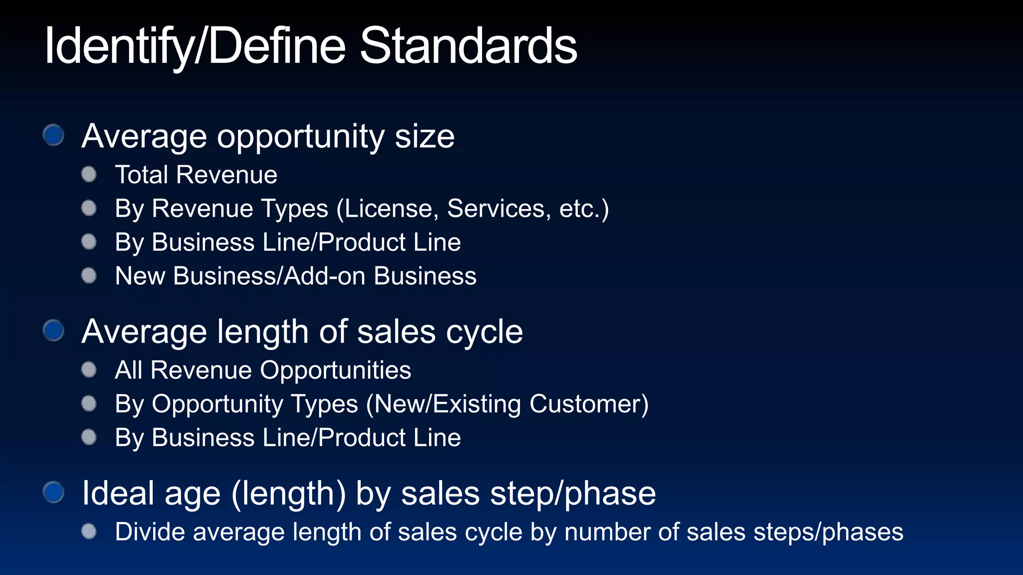 Identify/Define StandardsAverage opportunity sizeTotal RevenueBy Revenue Types (License, Services, etc.)By Business Line/Product LineNew Business/Add-on BusinessAverage length of sales cycleAll Revenue OpportunitiesBy Opportunity Types (New/Existing Customer)By Business Line/Product LineIdeal age (length) by sales step/phaseDivide average length of sales cycle by number of sales steps/phases