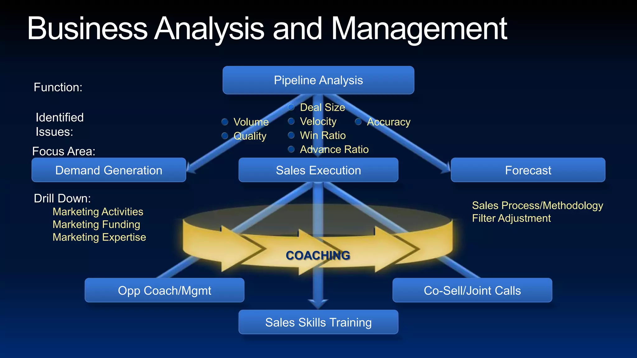 Business Analysis and ManagementPipeline AnalysisFunction:Deal SizeVelocityWin RatioAdvance RatioIdentifiedIssues:AccuracyVolumeQualityFocus Area:ForecastSales ExecutionDemand GenerationDrill Down:Sales Process/MethodologyFilter AdjustmentMarketing ActivitiesMarketing FundingMarketing ExpertiseCOACHINGOpp Coach/MgmtCo-Sell/Joint CallsSales Skills Training