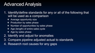 Advanced AnalysisIdentify/define standards for any or all of the following that will be used as a comparisonAverage opportunity sizeProduction by sales phaseNumber of opportunities by sales phaseAge (length) of entire sales cycleAge by sales phaseIdentify and adjust for anomaliesCompare pipeline adjusted actual to standardsResearch root causes for any gaps