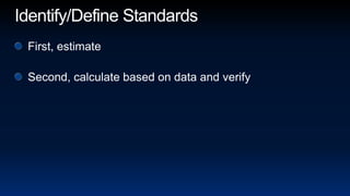 Identify/Define StandardsFirst, estimateSecond, calculate based on data and verify