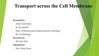 Transport across the Cell Membrane
Presented by:
- Ankur Jyoti Saikia
- B. tech part[IV]
- Dept. of Pharmaceutical Engineering and Technology.
- BL 101 [Biology].
Presented on:
- 09th July 2018.
Submitted to:
- Prof. Vinod Tiwari
 
