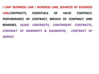 I UNIT BUSINESS LAW : BUSINESS LAW, SOURCES OF BUSINESS
LAW,CONTRACTS, ESSENTIALS OF VALID CONTRACT,
PERFORMANCE OF CONTRACT, BREACH OF CONTRACT AND
REMIDIES, QUASI CONTRACTS, CONTINGENT CONTRACTS,
CONTRACT OF INDEMNITY & GAURENTEE, CONTRACT OF
AGENCY
 