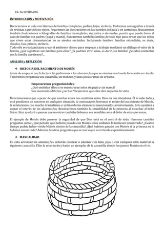 10. ACTIVIDADES
INTRODUCCIÓN y MOTIVACIÓN
Decoraremos el aula con láminas de familias completas, padres, hijos, etcétera. Podremos conseguirlas a través
de revistas o periódicos viejos. Pegaremos las ilustraciones en las paredes del aula o en cartulinas. Buscaremos
también ilustraciones o fotografías de familias incompletas, sin padre o sin madre, puesto que puede darse el
caso de familias sin padres (papá y mamá). Buscaremos también familias de todo tipo para evitar que los niños
que viven estas circunstancias no se sientan excluidos. Incluyendo también familias extendidas, es decir,
abuelos, tíos, primos, etcétera.
Todo ello se realizará para crear el ambiente idóneo para empezar a trabajar mediante un diálogo el valor de la
familia, ¿qué significan sus familias para ellos? ¿Si podrían vivir solos, es decir, sin familia? ¿Si están contentos
con la familia que tienen?...
ANÁLISIS y REFLEXIÓN
 HISTORIA DEL NACIMIENTO DE MOISÉS
Antes de empezar con la lectura les pediremos a los alumnos/as que se sienten en el suelo formando un círculo.
Tendremos preparada una canastilla, un muñeco, y unas pocas ramas de arbusto.
Empezaremos preguntándoles:
¿Qué sentirían ellos si se encontraran solos sin papá y sin mamá?
Son momentos difíciles ¿verdad? Dejaremos que ellos den su punto de vista.
Mencionaremos que a pesar de que muchas veces nos sentimos solos, Dios no nos abandona. Él lo sabe todo y
está pendiente de nosotros en cualquier situación. A continuación leeremos el relato del nacimiento de Moisés,
la relataremos con mucho dramatismo y utilizando los elementos mencionados anteriormente. Esto ayudará a
captar el interés de los alumnos/as. Recalcaremos también la sensibilidad de la princesa al escuchar al bebé
llorar. Esto ayudará a pensar que nosotros también debemos ser sensibles ante el dolor de otras personas.
El ejemplo de Moisés debe proveer la seguridad de que Dios está en el control de todo. Haremos también
preguntas como: ¿Qué pensáis que hubiera pasado con Moisés si los soldados lo hubiesen encontrado? ¿Cuánto
tiempo podría haber vivido Moisés dentro de la canastilla? ¿Qué hubiese pasado con Moisés si la princesa no lo
hubiese encontrado? Además de otras preguntas que se nos vayan ocurriendo espontáneamente.
 MANUALIDAD
En esta actividad los alumnos/as deberán colorear o adornar con lana, paja o con cualquier otro material la
siguiente canastilla. Ellos la recortarán y harán un ejemplar de la canastilla donde fue puesto Moisés en el río.
 