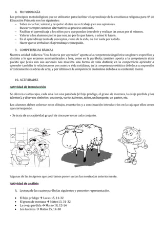 8. METODOLOGÍA
Los principios metodológicos que se utilizarán para facilitar el aprendizaje de la enseñanza religiosa para 4º de
Educación Primaria son los siguientes:
 Saber escuchar, valorar y respetar al otro en su trabajo y en sus opiniones.
 Buscar siempre caminos alternativos al proceso utilizado.
 Facilitar el aprendizaje a los niños para que puedan descubrir y realizar las cosas por sí mismos.
 Valorar a los alumnos por lo que son, no por lo que hacen, o cómo lo hacen.
 En el aprendizaje tanto de conceptos, como de la vida, no dar nada por sabido.
 Hacer que se verbalice el aprendizaje conseguido.
9. COMPETENCIAS BÁSICAS
Nuestra unidad didáctica “Una historia por aprender” aporta a la competencia lingüística un género específico y
distinto a lo que estamos acostumbrados a leer, como es la parábola; también aporta a la competencia ética
puesto que Jesús con sus acciones nos muestra una forma de vida distinta; en la competencia aprender a
aprender también lo relacionamos con nuestra vida cotidiana; en la competencia artística debido a su expresión
artísticamente en obras de arte; y por último en la competencia ciudadana debido a su contenido moral.
10. ACTIVIDADES
Actividad de introducción
Se ofrecen cuatro cajas, cada una con una parábola (el hijo pródigo, el grano de mostaza, la oveja perdida y los
talentos), y diversos símbolos: una oveja, varios talentos, niños, un banquete, un pastor, etc.
Los alumnos deben colorear estos dibujos, recortarlos y a continuación introducirlos en la caja que ellos creen
que corresponde.
- Se trata de una actividad grupal de cinco personas cada conjunto.
Algunas de las imágenes que podríamos poner serían las mostradas anteriormente.
Actividad de análisis
A. Lectura de las cuatro parábolas siguientes y posterior representación.
 El hijo pródigo  Lucas 15, 11-32
 El grano de mostaza  Mateo13, 31-32
 La oveja perdida  Mateo 18, 12-14
 Los talentos  Mateo 25, 14-30
 