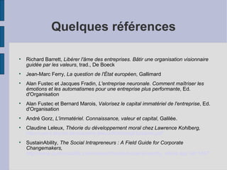 Quelques références


    Richard Barrett, Libérer l'âme des entreprises. Bâtir une organisation visionnaire
    guidée par les valeurs, trad., De Boeck

    Jean-Marc Ferry, La question de l'État européen, Gallimard

    Alan Fustec et Jacques Fradin, L'entreprise neuronale. Comment maîtriser les
    émotions et les automatismes pour une entreprise plus performante, Ed.
    d'Organisation

    Alan Fustec et Bernard Marois, Valorisez le capital immatériel de l'entreprise, Ed.
    d'Organisation

    André Gorz, L'immatériel. Connaissance, valeur et capital, Galilée.

    Claudine Leleux, Théorie du développement moral chez Lawrence Kohlberg,
    http://users.skynet.be/claudine.leleux/KohlbergEtudiants.pdf

    SustainAbility, The Social Intrapreneurs : A Field Guide for Corporate
    Changemakers,
    http://www.sustainability.com/researchandadvocacy/reports_article.asp?id=1457
 