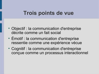 Trois points de vue


    Objectif : la communication d'entreprise
    décrite comme un fait social

    Émotif : la communication d'entreprise
    ressentie comme une expérience vécue

    Cognitif : la communication d'entreprise
    conçue comme un processus interactionnel
 