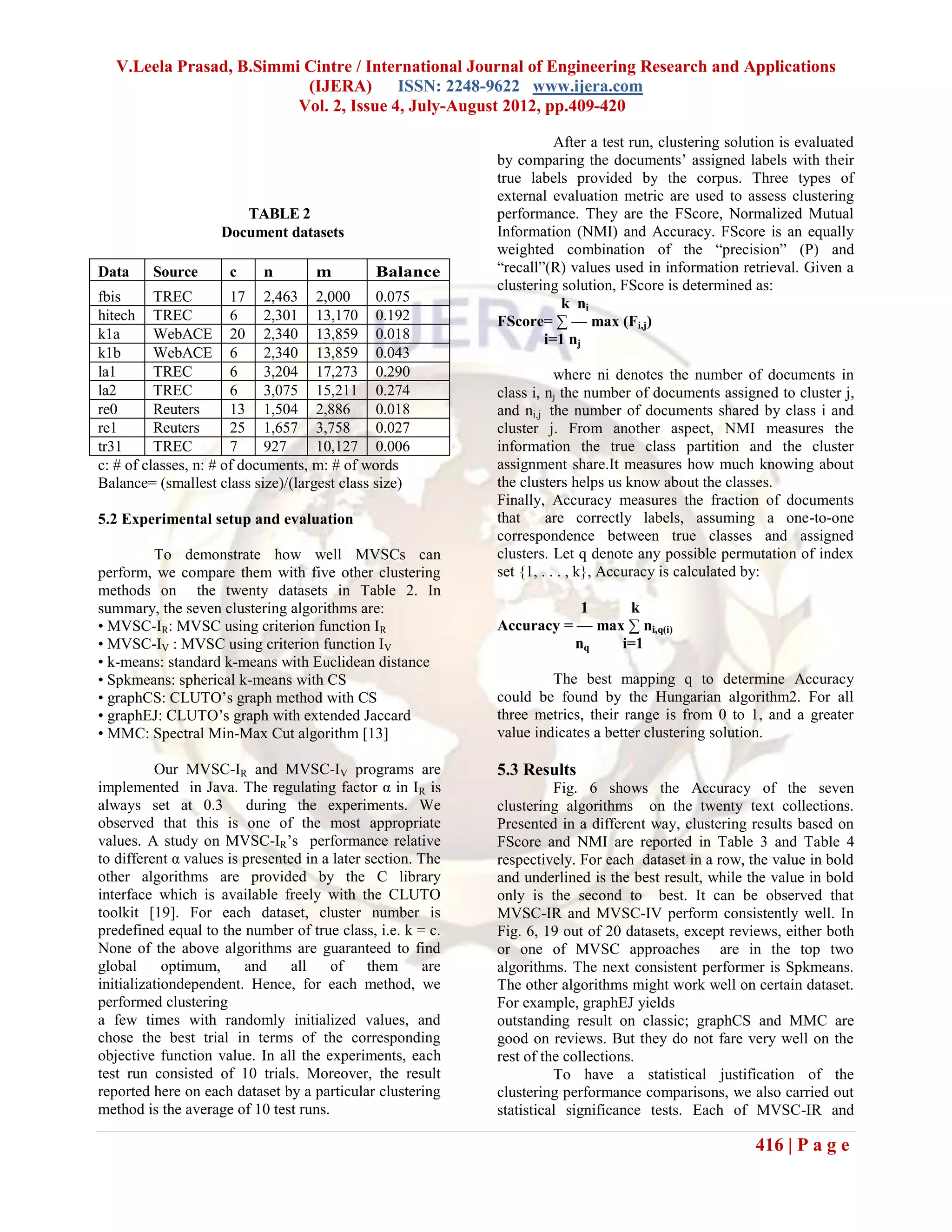 V.Leela Prasad, B.Simmi Cintre / International Journal of Engineering Research and Applications
                           (IJERA) ISSN: 2248-9622 www.ijera.com
                          Vol. 2, Issue 4, July-August 2012, pp.409-420

                                                                        After a test run, clustering solution is evaluated
                                                              by comparing the documents’ assigned labels with their
                                                              true labels provided by the corpus. Three types of
                                                              external evaluation metric are used to assess clustering
                        TABLE 2                               performance. They are the FScore, Normalized Mutual
                     Document datasets                        Information (NMI) and Accuracy. FScore is an equally
                                                              weighted combination of the ―precision‖ (P) and
Data     Source       c     n        m         Balance        ―recall‖(R) values used in information retrieval. Given a
                                                              clustering solution, FScore is determined as:
fbis      TREC         17 2,463 2,000         0.075                      k ni
hitech TREC            6     2,301 13,170 0.192               FScore= ∑ — max (Fi,j)
k1a       WebACE 20 2,340 13,859 0.018                                i=1 nj
k1b       WebACE 6           2,340 13,859 0.043
la1       TREC         6     3,204 17,273 0.290                          where ni denotes the number of documents in
la2       TREC         6     3,075 15,211 0.274               class i, nj the number of documents assigned to cluster j,
re0       Reuters      13 1,504 2,886         0.018           and ni,j the number of documents shared by class i and
re1       Reuters      25 1,657 3,758         0.027           cluster j. From another aspect, NMI measures the
tr31      TREC         7     927    10,127 0.006              information the true class partition and the cluster
c: # of classes, n: # of documents, m: # of words             assignment share.It measures how much knowing about
Balance= (smallest class size)/(largest class size)           the clusters helps us know about the classes.
                                                              Finally, Accuracy measures the fraction of documents
5.2 Experimental setup and evaluation                         that     are correctly labels, assuming a one-to-one
                                                              correspondence between true classes and assigned
        To demonstrate how well MVSCs can                     clusters. Let q denote any possible permutation of index
perform, we compare them with five other clustering           set {1, . . . , k}, Accuracy is calculated by:
methods on the twenty datasets in Table 2. In
summary, the seven clustering algorithms are:                             1    k
• MVSC-IR: MVSC using criterion function IR                   Accuracy = — max ∑ ni,q(i)
• MVSC-IV : MVSC using criterion function IV                             nq   i=1
• k-means: standard k-means with Euclidean distance
• Spkmeans: spherical k-means with CS                                  The best mapping q to determine Accuracy
• graphCS: CLUTO’s graph method with CS                       could be found by the Hungarian algorithm2. For all
• graphEJ: CLUTO’s graph with extended Jaccard                three metrics, their range is from 0 to 1, and a greater
• MMC: Spectral Min-Max Cut algorithm [13]                    value indicates a better clustering solution.

          Our MVSC-IR and MVSC-IV programs are                5.3 Results
implemented in Java. The regulating factor α in IR is                   Fig. 6 shows the Accuracy of the seven
always set at 0.3 during the experiments. We                  clustering algorithms on the twenty text collections.
observed that this is one of the most appropriate             Presented in a different way, clustering results based on
values. A study on MVSC-IR’s performance relative             FScore and NMI are reported in Table 3 and Table 4
to different α values is presented in a later section. The    respectively. For each dataset in a row, the value in bold
other algorithms are provided by the C library                and underlined is the best result, while the value in bold
interface which is available freely with the CLUTO            only is the second to best. It can be observed that
toolkit [19]. For each dataset, cluster number is             MVSC-IR and MVSC-IV perform consistently well. In
predefined equal to the number of true class, i.e. k = c.     Fig. 6, 19 out of 20 datasets, except reviews, either both
None of the above algorithms are guaranteed to find           or one of MVSC approaches are in the top two
global      optimum,     and     all   of     them      are   algorithms. The next consistent performer is Spkmeans.
initializationdependent. Hence, for each method, we           The other algorithms might work well on certain dataset.
performed clustering                                          For example, graphEJ yields
a few times with randomly initialized values, and             outstanding result on classic; graphCS and MMC are
chose the best trial in terms of the corresponding            good on reviews. But they do not fare very well on the
objective function value. In all the experiments, each        rest of the collections.
test run consisted of 10 trials. Moreover, the result                   To have a statistical justification of the
reported here on each dataset by a particular clustering      clustering performance comparisons, we also carried out
method is the average of 10 test runs.                        statistical significance tests. Each of MVSC-IR and

                                                                                                         416 | P a g e
 