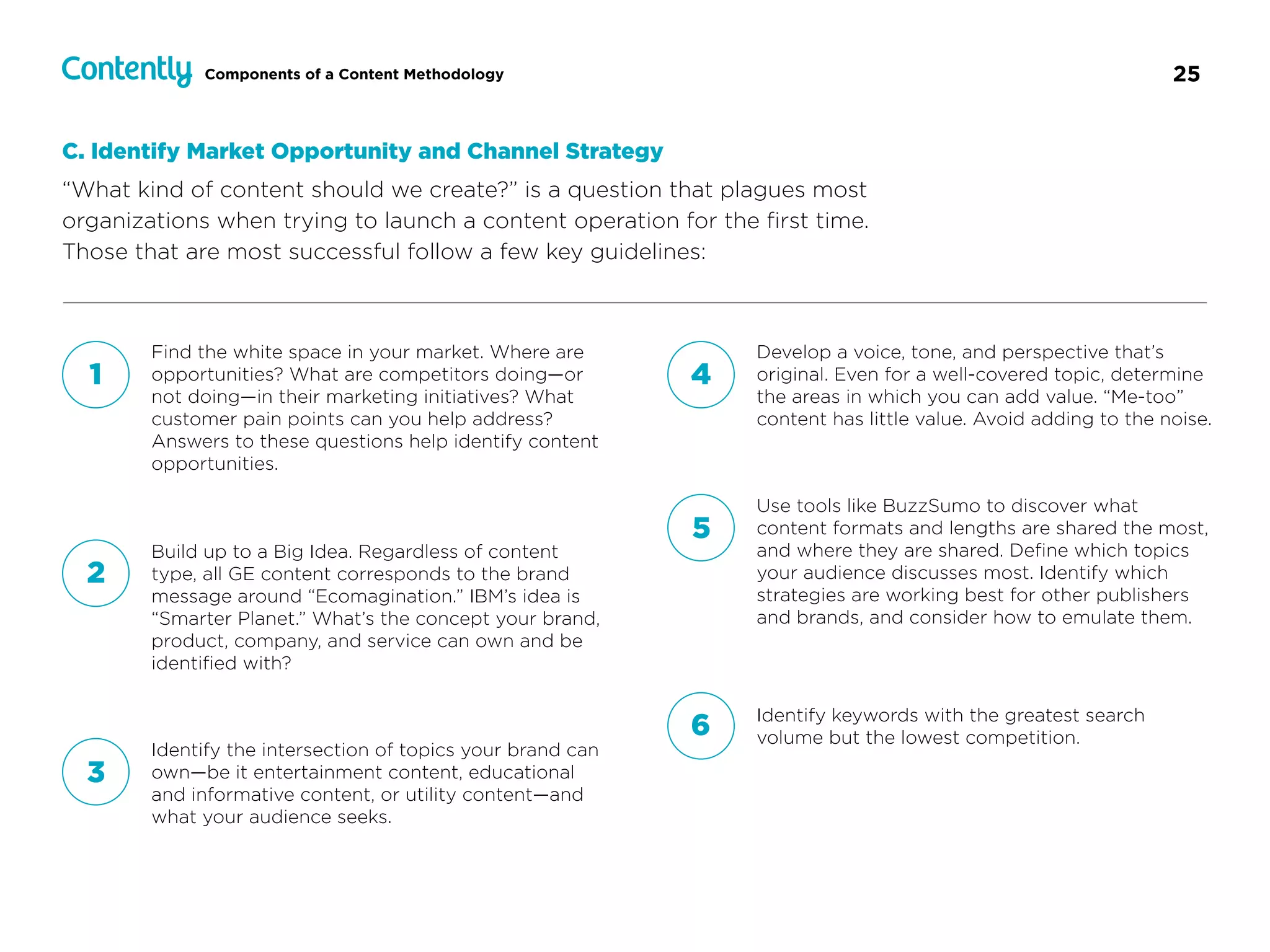 25Components of a Content Methodology
C. Identify Market Opportunity and Channel Strategy
“What kind of content should we create?” is a question that plagues most
organizations when trying to launch a content operation for the ﬁrst time.
Those that are most successful follow a few key guidelines:
1
Find the white space in your market. Where are
opportunities? What are competitors doing—or
not doing—in their marketing initiatives? What
customer pain points can you help address?
Answers to these questions help identify content
opportunities.
2
Build up to a Big Idea. Regardless of content
type, all GE content corresponds to the brand
message around “Ecomagination.” IBM’s idea is
“Smarter Planet.” What’s the concept your brand,
product, company, and service can own and be
identiﬁed with?
3
Identify the intersection of topics your brand can
own—be it entertainment content, educational
and informative content, or utility content—and
what your audience seeks.
4
Develop a voice, tone, and perspective that’s
original. Even for a well-covered topic, determine
the areas in which you can add value. “Me-too”
content has little value. Avoid adding to the noise.
5
Use tools like BuzzSumo to discover what
content formats and lengths are shared the most,
and where they are shared. Deﬁne which topics
your audience discusses most. Identify which
strategies are working best for other publishers
and brands, and consider how to emulate them.
6 Identify keywords with the greatest search
volume but the lowest competition.
 