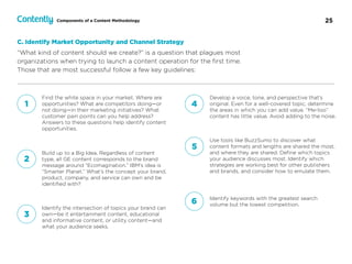 25Components of a Content Methodology
C. Identify Market Opportunity and Channel Strategy
“What kind of content should we create?” is a question that plagues most
organizations when trying to launch a content operation for the ﬁrst time.
Those that are most successful follow a few key guidelines:
1
Find the white space in your market. Where are
opportunities? What are competitors doing—or
not doing—in their marketing initiatives? What
customer pain points can you help address?
Answers to these questions help identify content
opportunities.
2
Build up to a Big Idea. Regardless of content
type, all GE content corresponds to the brand
message around “Ecomagination.” IBM’s idea is
“Smarter Planet.” What’s the concept your brand,
product, company, and service can own and be
identiﬁed with?
3
Identify the intersection of topics your brand can
own—be it entertainment content, educational
and informative content, or utility content—and
what your audience seeks.
4
Develop a voice, tone, and perspective that’s
original. Even for a well-covered topic, determine
the areas in which you can add value. “Me-too”
content has little value. Avoid adding to the noise.
5
Use tools like BuzzSumo to discover what
content formats and lengths are shared the most,
and where they are shared. Deﬁne which topics
your audience discusses most. Identify which
strategies are working best for other publishers
and brands, and consider how to emulate them.
6 Identify keywords with the greatest search
volume but the lowest competition.
 