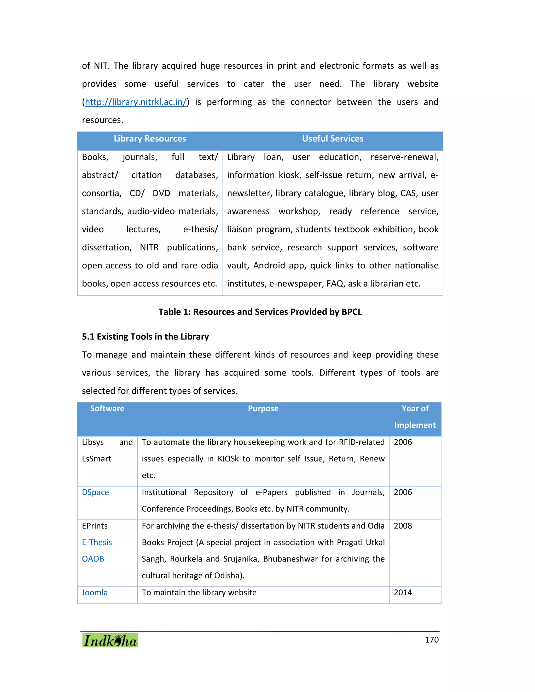 170
of NIT. The library acquired huge resources in print and electronic formats as well as
provides some useful services to cater the user need. The library website
(http://library.nitrkl.ac.in/) is performing as the connector between the users and
resources.
Library Resources Useful Services
Books, journals, full text/
abstract/ citation databases,
consortia, CD/ DVD materials,
standards, audio-video materials,
video lectures, e-thesis/
dissertation, NITR publications,
open access to old and rare odia
books, open access resources etc.
Library loan, user education, reserve-renewal,
information kiosk, self-issue return, new arrival, e-
newsletter, library catalogue, library blog, CAS, user
awareness workshop, ready reference service,
liaison program, students textbook exhibition, book
bank service, research support services, software
vault, Android app, quick links to other nationalise
institutes, e-newspaper, FAQ, ask a librarian etc.
Table 1: Resources and Services Provided by BPCL
5.1 Existing Tools in the Library
To manage and maintain these different kinds of resources and keep providing these
various services, the library has acquired some tools. Different types of tools are
selected for different types of services.
Software Purpose Year of
Implement
Libsys and
LsSmart
To automate the library housekeeping work and for RFID-related
issues especially in KIOSk to monitor self Issue, Return, Renew
etc.
2006
DSpace Institutional Repository of e-Papers published in Journals,
Conference Proceedings, Books etc. by NITR community.
2006
EPrints
E-Thesis
OAOB
For archiving the e-thesis/ dissertation by NITR students and Odia
Books Project (A special project in association with Pragati Utkal
Sangh, Rourkela and Srujanika, Bhubaneshwar for archiving the
cultural heritage of Odisha).
2008
Joomla To maintain the library website 2014
 