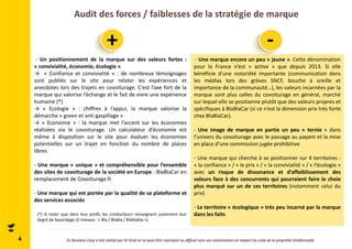 Audit des forces / faiblesses de la stratégie de marque 
4 
+ - 
- Un positionnement de la marque sur des valeurs fortes : 
« convivialité, économie, écologie » 
→ « Confiance et convivialité » : de nombreux témoignages 
sont publiés sur le site pour relater les expériences et 
anecdotes lors des trajets en covoiturage. C’est l’axe fort de la 
marque qui valorise l’échange et le fait de vivre une expérience 
humaine (*) 
→ « Ecologie » : chiffres à l’appui, la marque valorise la 
démarche « green et anti gaspillage » 
→ « Economie » : la marque met l’accent sur les économies 
réalisées via le covoiturage. Un calculateur d’économie est 
même à disposition sur le site pour évaluer les économies 
potentielles sur un trajet en fonction du nombre de places 
libres 
- Une marque « unique » et compréhensible pour l’ensemble 
des sites de covoiturage de la société en Europe : BlaBlaCar en 
remplacement de Covoiturage.fr 
- Une marque qui est portée par la qualité de sa plateforme et 
des services associés 
- Une marque encore un peu « jeune ». Cette dénomination 
pour la France n’est « active » que depuis 2013. Si elle 
bénéficie d’une notoriété importante (communication dans 
les médias lors des grèves SNCF, bouche à oreille et 
importance de la communauté…), les valeurs incarnées par la 
marque sont plus celles du covoiturage en général, marché 
sur lequel elle se positionne plutôt que des valeurs propres et 
spécifiques à BlaBlaCar (si ce n’est la dimension prix très forte 
chez BlaBlaCar). 
- Une image de marque en partie un peu « ternie » dans 
l’univers du covoiturage avec le passage au payant et la mise 
en place d’une commission jugée prohibitive 
- Une marque qui cherche à se positionner sur 4 territoires : 
« la confiance » / « le prix » / « la convivialité » / « l’écologie » 
avec un risque de dissonance et d’affaiblissement des 
valeurs face à des concurrents qui pourraient faire le choix 
plus marqué sur un de ces territoires (notamment celui du 
prix) 
- Le territoire « écologique » très peu incarné par la marque 
dans les faits 
(*) A noter que dans leur profil, les conducteurs renseignent justement leur 
degré de bavardage (3 niveaux : « Bla / Blabla / Blablabla ») 
Ce Business Case a été réalisé par ID Strat et ne peut être reproduit ou diffusé sans son autorisation en respect du code de la propriété intellectuelle 
 