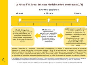 Le Focus d’ID Strat : Business Model et effets de réseaux (2/3) 
Gratuit « Mixte » Payant 
Modèle payant : la plateforme met 
en relation conducteurs et 
passagers en contrepartie d’un 
paiement(*) : en général un % du 
prix du trajet. 
Plusieurs options, faire payer : 
- Le conducteur (modèle 
Carppouling (**) par ex.) 
- Le passager (modèle BlaBlaCar) 
- Les 2 parties 
Modèle mixte = une 
combinaison des 2 
approches avec la possibilité 
d’une mise en relation 
gratuite ou payante (en 
fonction des options : 
garantie de paiement 
notamment) 
Modèle de la gratuité : 
financement uniquement par la 
publicité, les donations, etc. La 
plateforme met en relation 
conducteurs et passagers sans 
exiger de contrepartie financière 
directe. 
BlaBlaCar a fait le choix du « tout payant » après l’échec du « tout gratuit » qui reposait sur la publicité et la vente de solutions de 
covoiturage en marque blanche pour les entreprises. BlaBlaCar a décidé de ne faire payer que les passagers qui s’acquittent d’un 
% du prix du trajet (environ 10%). Dans ce système, la plateforme est financée uniquement par une catégorie d’agents tandis que 
l’autre est en quelque sorte subventionnée (***). Ce choix repose sur le pari que la catégorie d’agents la plus « stratégique » sur 
les plateformes de covoiturage ce sont les conducteurs qui offrent les trajets au détriment des passagers qui cherchent à voyager. 
(*) au-delà d’un éventuel financement par la publicité ou autre / (**) dans ce modèle, le conducteur a le choix et peut choisir la réservation en ligne qui lui 
garantie d’être payé même si le passager se désiste au dernier moment (il paye une « assurance en quelque sorte ») / (***) voir slide suivant 
7 
3 modèles possibles : 
Ce Business Case a été réalisé par ID Strat et ne peut être reproduit ou diffusé sans son autorisation en respect du code de la propriété intellectuelle 
 