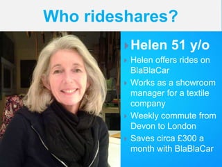 Helen 51 y/o
 Helen offers rides on
BlaBlaCar
 Works as a showroom
manager for a textile
company
 Weekly commute from
Devon to London
 Saves circa £300 a
month with BlaBlaCar
Who rideshares?
 