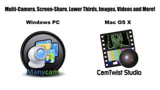 Windows PC Mac OS X
Multi-Camera, Screen-Share, Lower Thirds, Images, Videos and More!
 