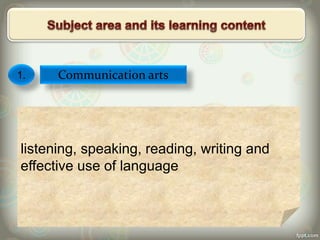1. Communication arts
listening, speaking, reading, writing and
effective use of language
 