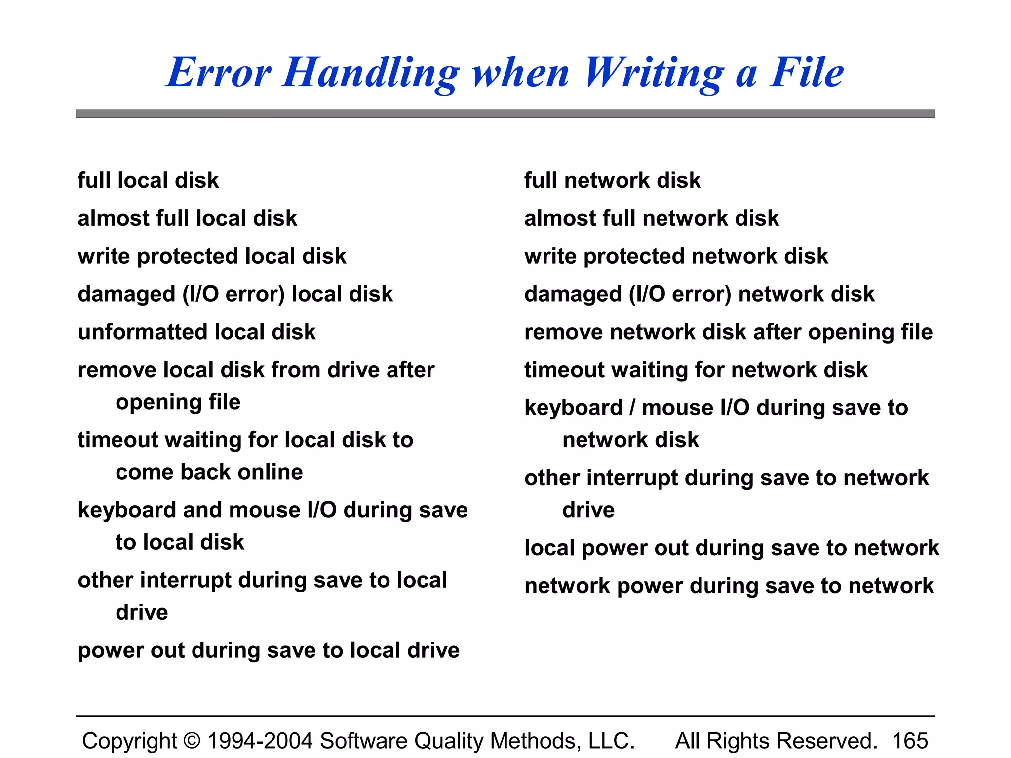 Error Handling when Writing a File

full local disk                          full network disk
almost full local disk                   almost full network disk
write protected local disk               write protected network disk
damaged (I/O error) local disk           damaged (I/O error) network disk
unformatted local disk                   remove network disk after opening file
remove local disk from drive after       timeout waiting for network disk
   opening file                          keyboard / mouse I/O during save to
timeout waiting for local disk to           network disk
   come back online                      other interrupt during save to network
keyboard and mouse I/O during save          drive
   to local disk                         local power out during save to network
other interrupt during save to local     network power during save to network
   drive
power out during save to local drive



Copyright © 1994-2004 Software Quality Methods, LLC.   All Rights Reserved. 165
 