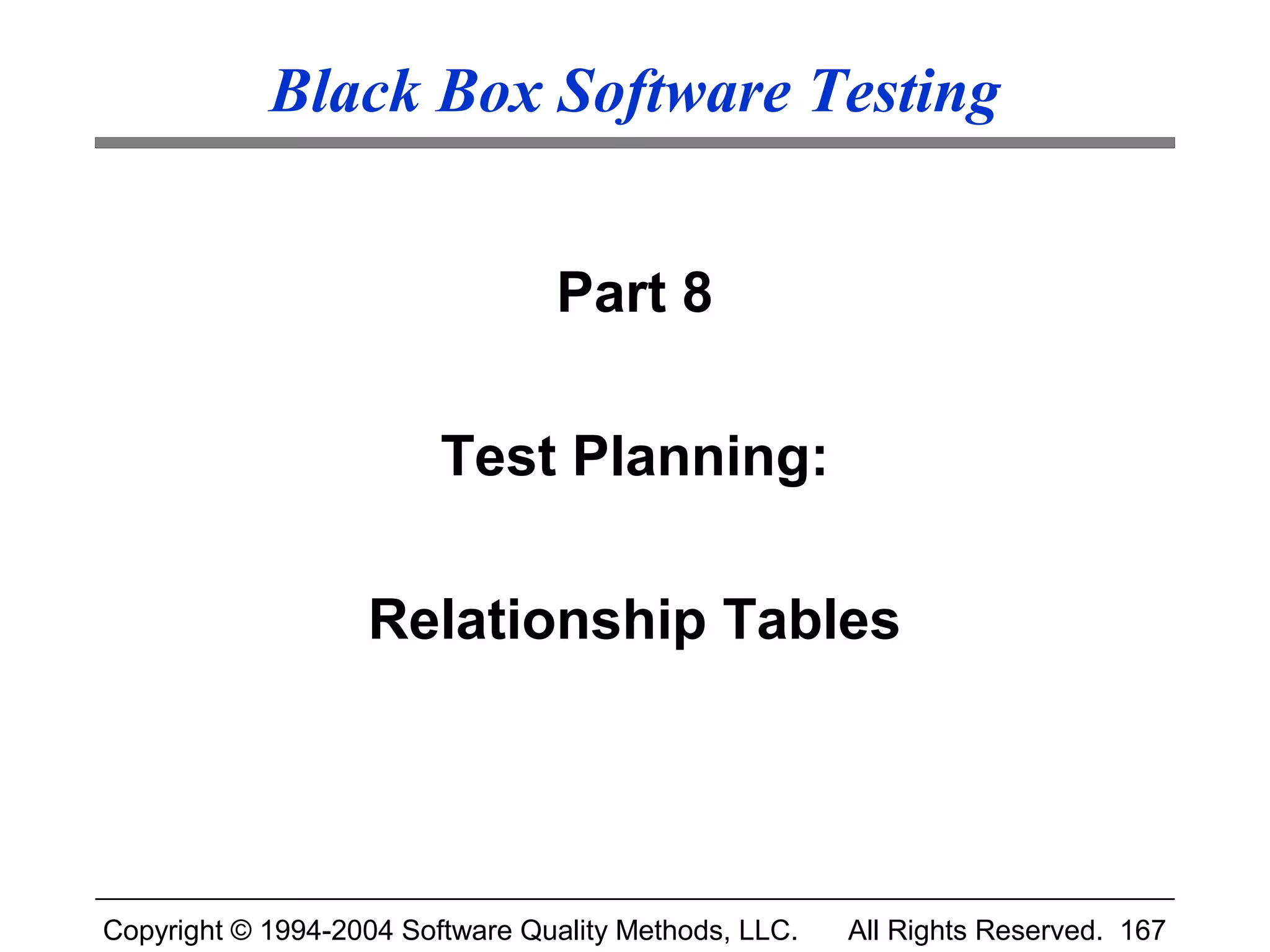Black Box Software Testing


                                 Part 8

                         Test Planning:

                   Relationship Tables




Copyright © 1994-2004 Software Quality Methods, LLC.   All Rights Reserved. 167
 