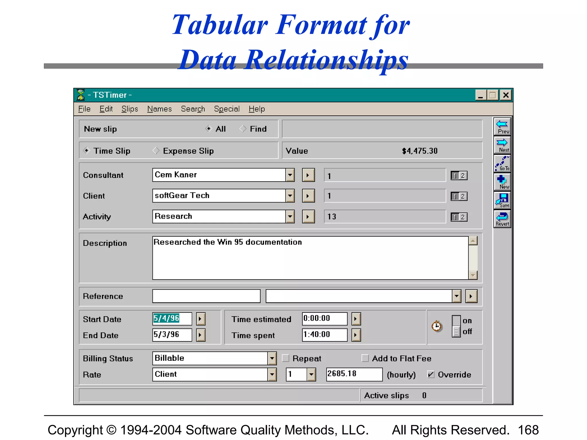 Tabular Format for
                   Data Relationships




Copyright © 1994-2004 Software Quality Methods, LLC.   All Rights Reserved. 168
 