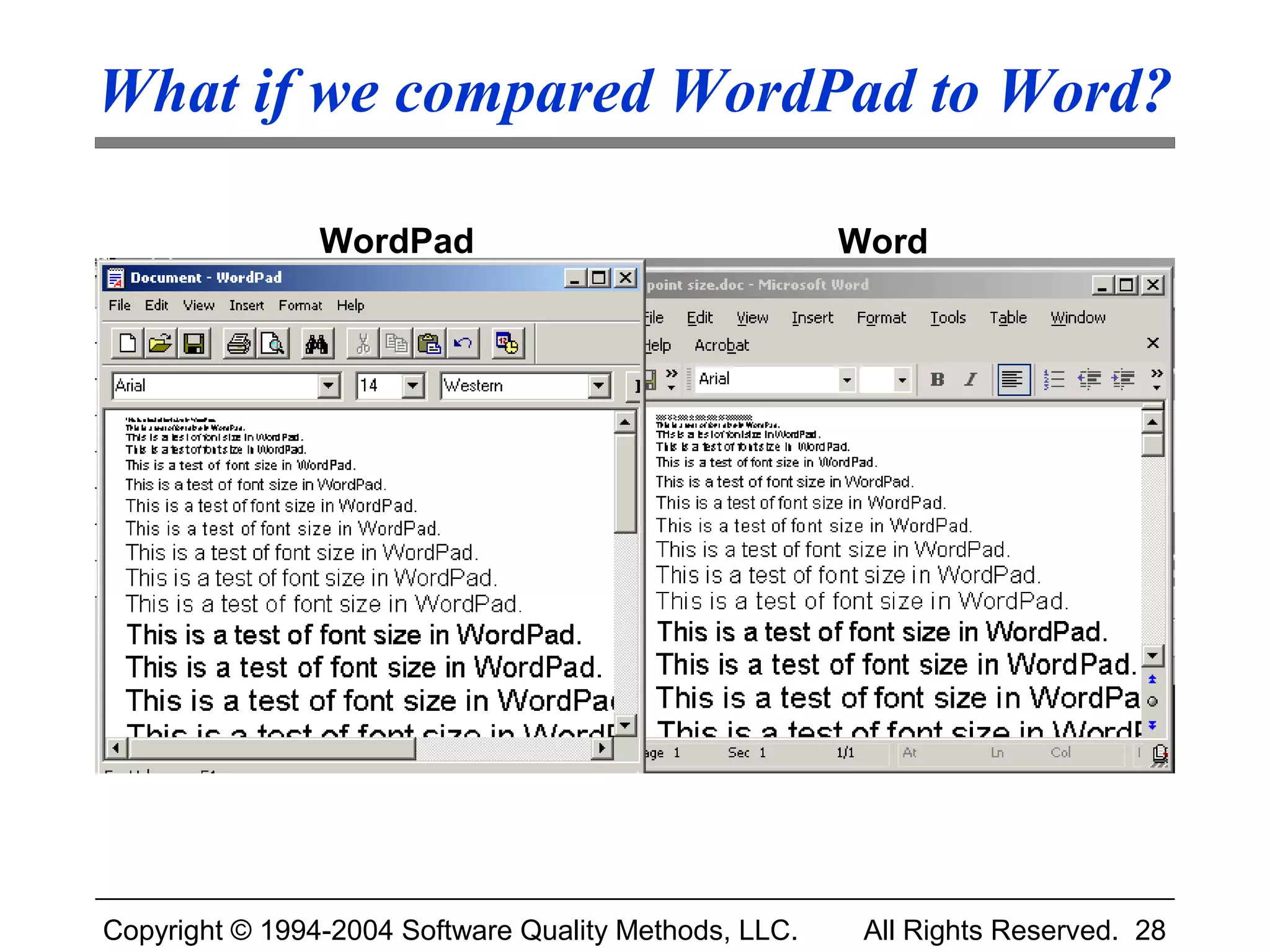 What if we compared WordPad to Word?

                WordPad                                Word




Copyright © 1994-2004 Software Quality Methods, LLC.    All Rights Reserved. 28
 