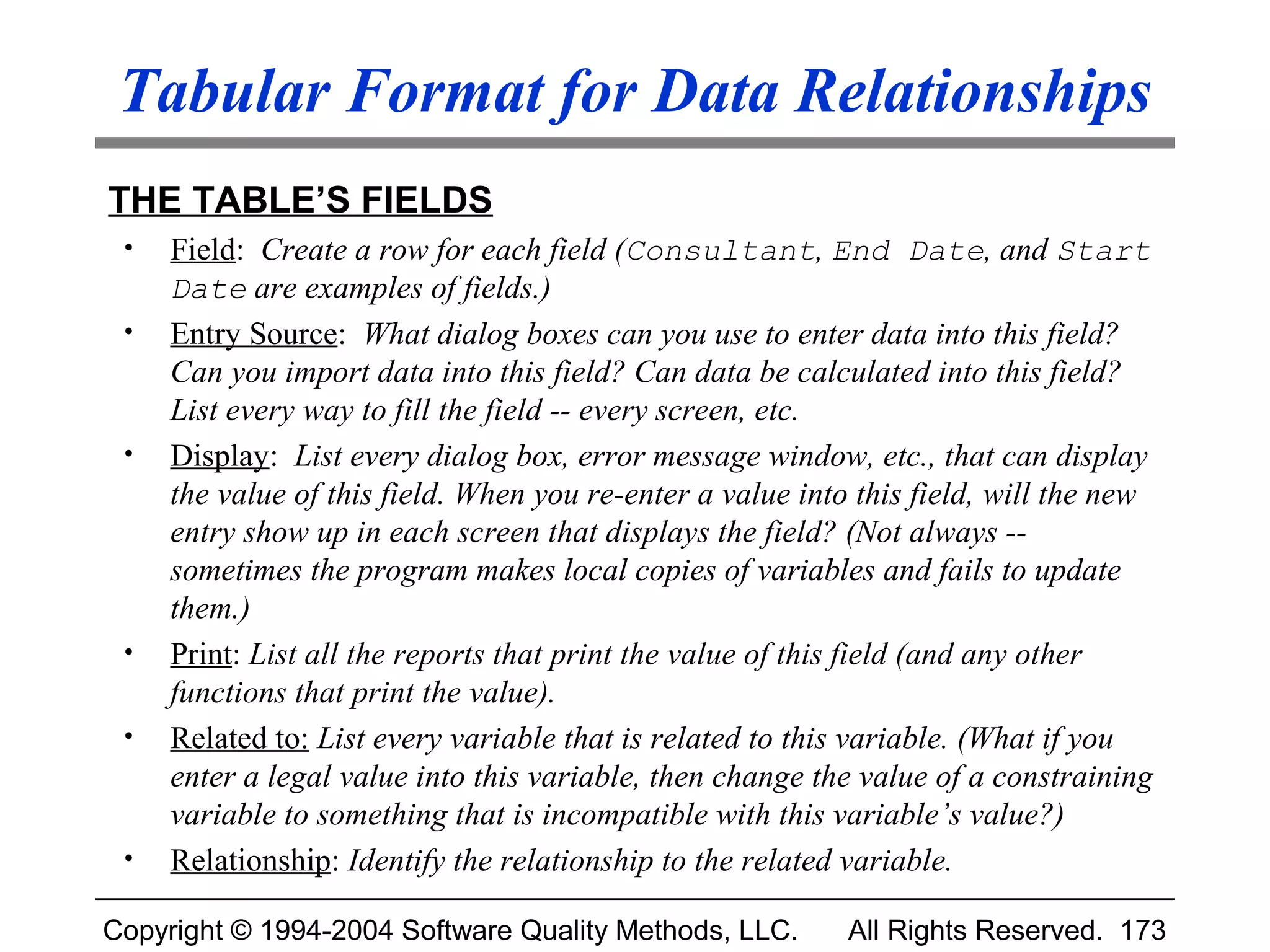 Tabular Format for Data Relationships
THE TABLE’S FIELDS
 •   Field: Create a row for each field (Consultant, End Date, and Start
     Date are examples of fields.)
 •   Entry Source: What dialog boxes can you use to enter data into this field?
     Can you import data into this field? Can data be calculated into this field?
     List every way to fill the field -- every screen, etc.
 •   Display: List every dialog box, error message window, etc., that can display
     the value of this field. When you re-enter a value into this field, will the new
     entry show up in each screen that displays the field? (Not always --
     sometimes the program makes local copies of variables and fails to update
     them.)
 •   Print: List all the reports that print the value of this field (and any other
     functions that print the value).
 •   Related to: List every variable that is related to this variable. (What if you
     enter a legal value into this variable, then change the value of a constraining
     variable to something that is incompatible with this variable’s value?)
 •   Relationship: Identify the relationship to the related variable.

Copyright © 1994-2004 Software Quality Methods, LLC.        All Rights Reserved. 173
 