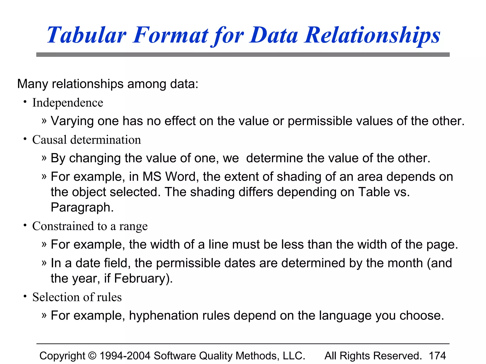 Tabular Format for Data Relationships
Many relationships among data:
 • Independence
     » Varying one has no effect on the value or permissible values of the other.
 • Causal determination
     » By changing the value of one, we determine the value of the other.
     » For example, in MS Word, the extent of shading of an area depends on
       the object selected. The shading differs depending on Table vs.
       Paragraph.
 • Constrained to a range
     » For example, the width of a line must be less than the width of the page.
     » In a date field, the permissible dates are determined by the month (and
       the year, if February).
 • Selection of rules
     » For example, hyphenation rules depend on the language you choose.


    Copyright © 1994-2004 Software Quality Methods, LLC.   All Rights Reserved. 174
 