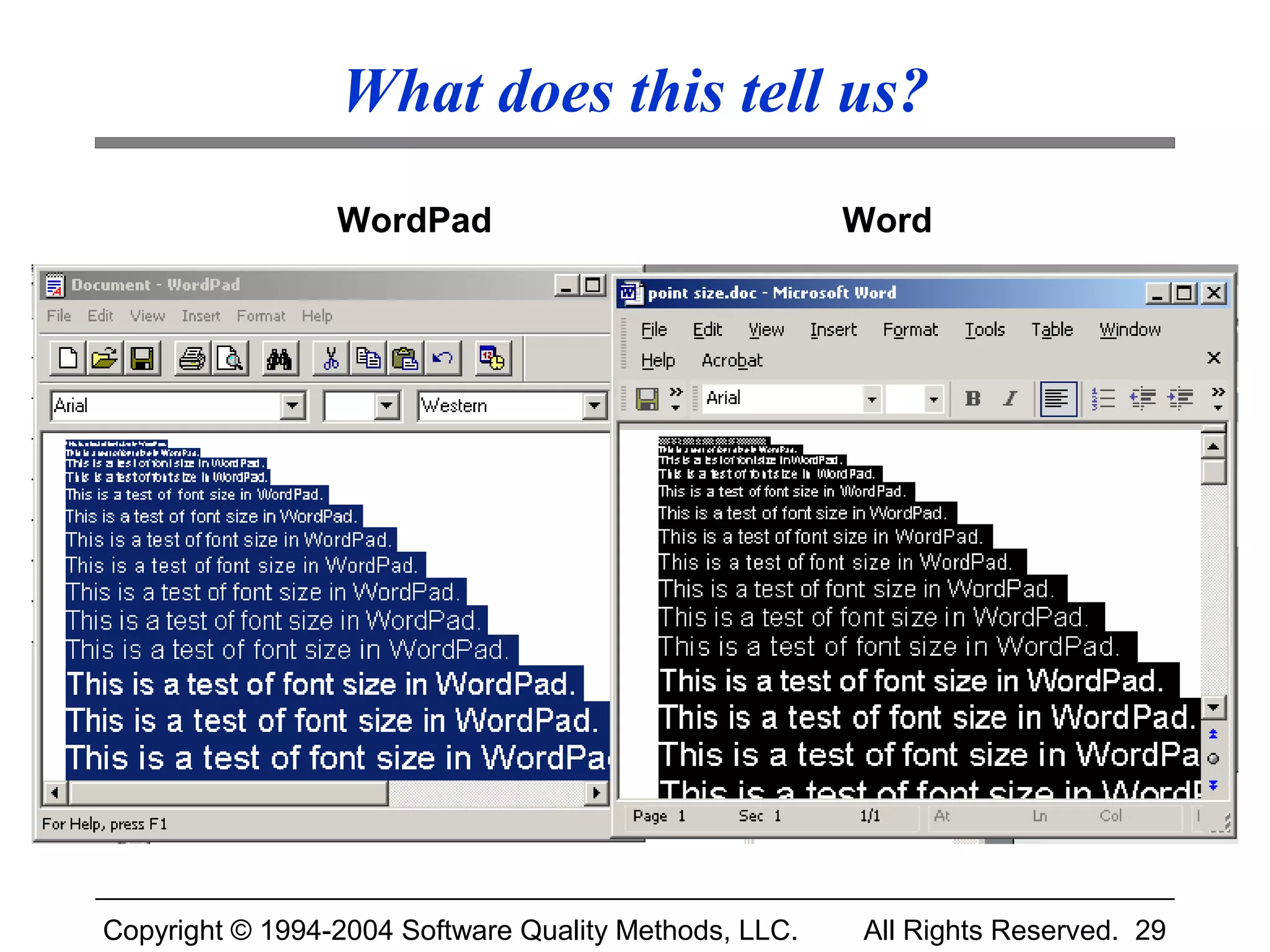 What does this tell us?
                 WordPad                               Word




Copyright © 1994-2004 Software Quality Methods, LLC.   All Rights Reserved. 29
 